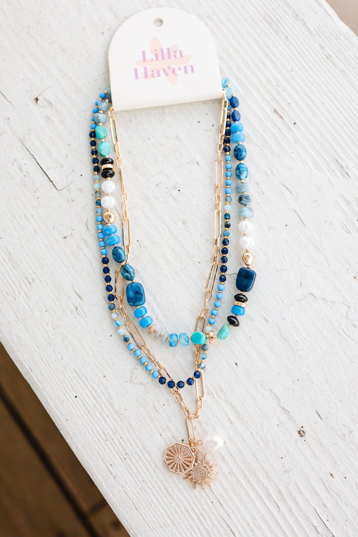 Sun and Pearl Charms Layered Necklace - Blue
