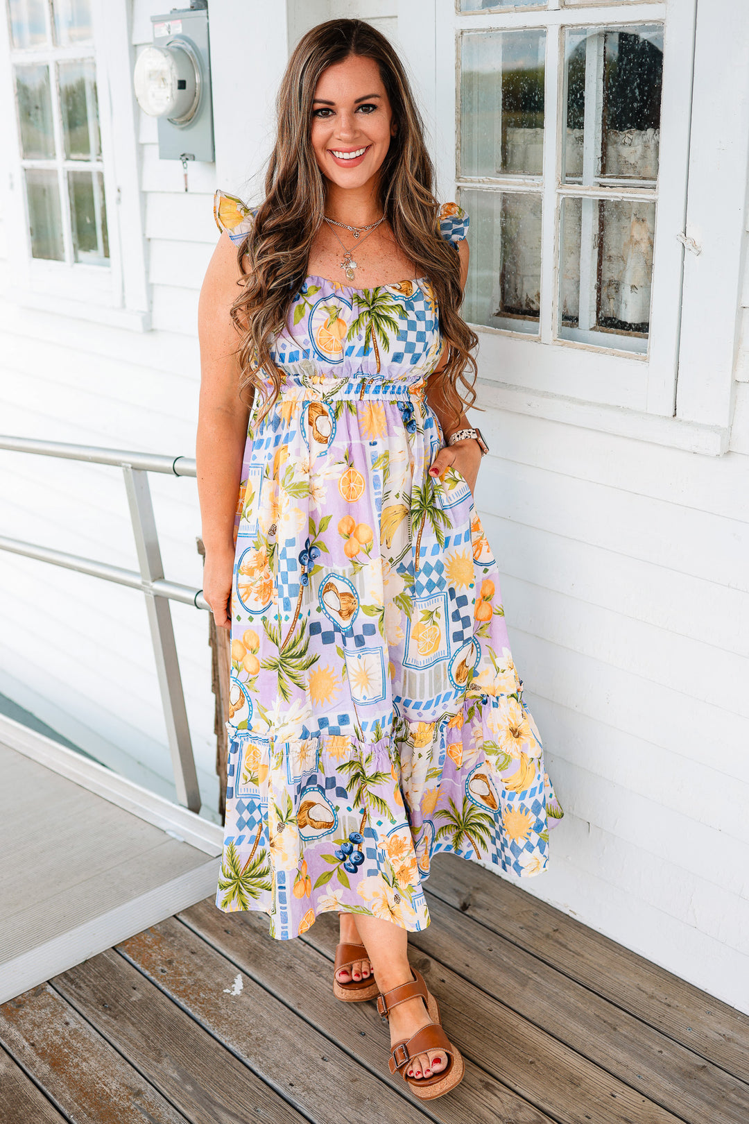 Tropical Ruffle Sleeve Midi Dress