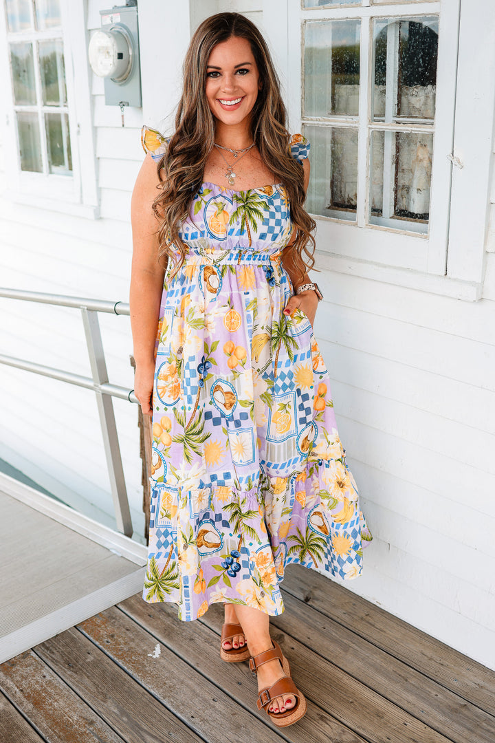 Tropical Ruffle Sleeve Midi Dress