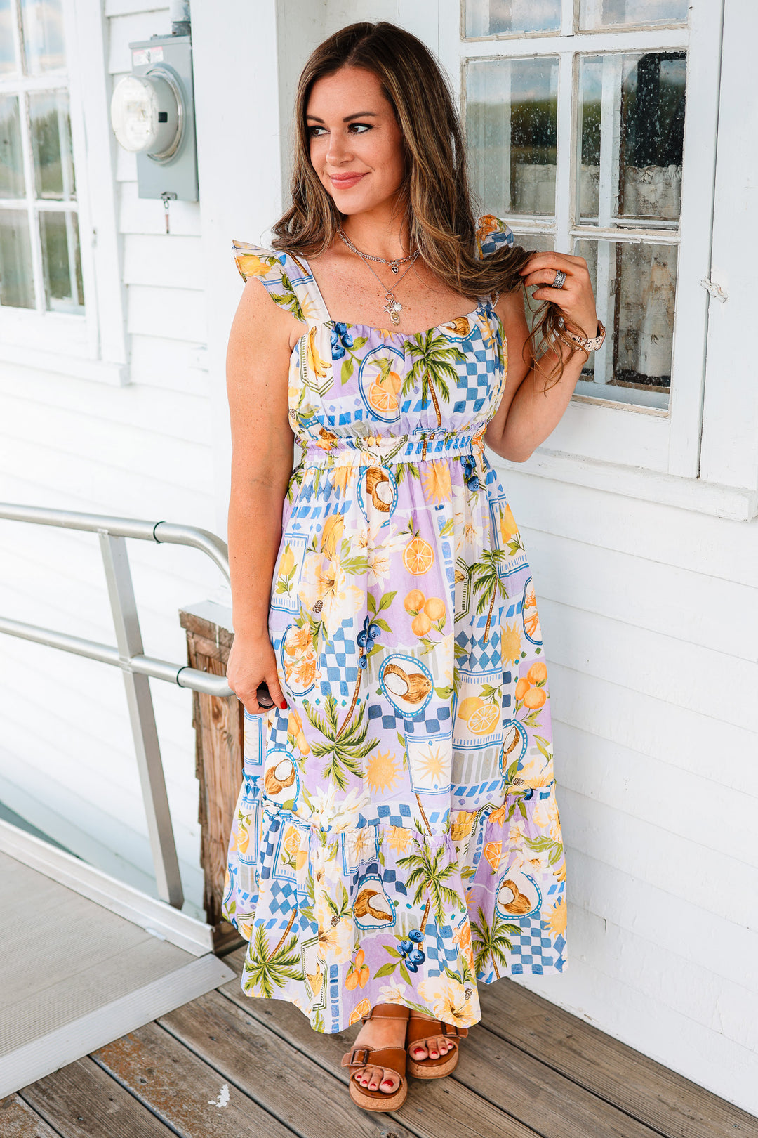 Tropical Ruffle Sleeve Midi Dress