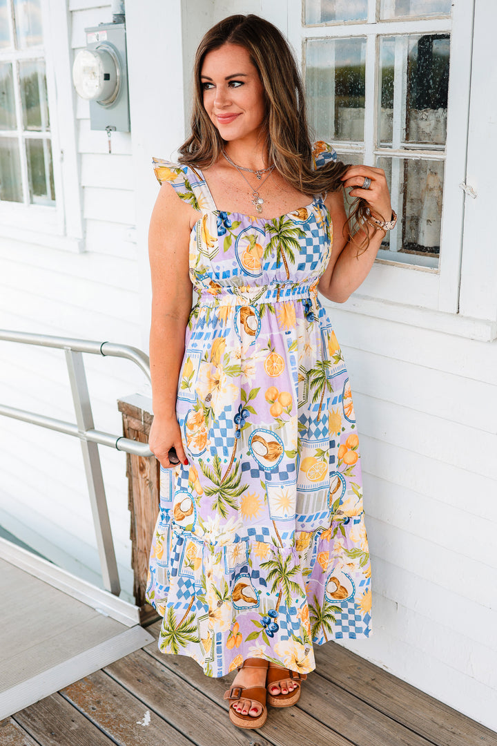 Tropical Ruffle Sleeve Midi Dress