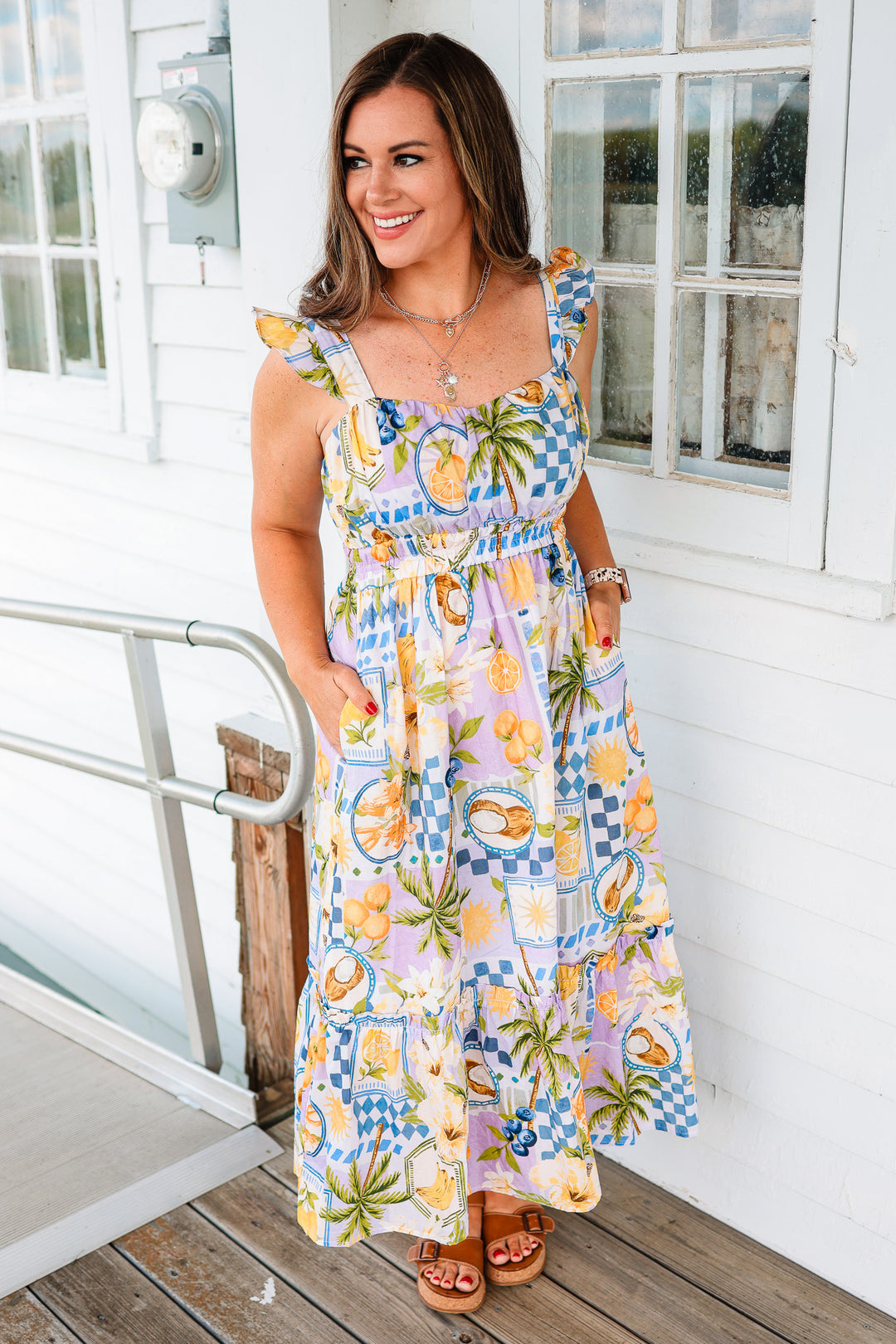 Tropical Ruffle Sleeve Midi Dress