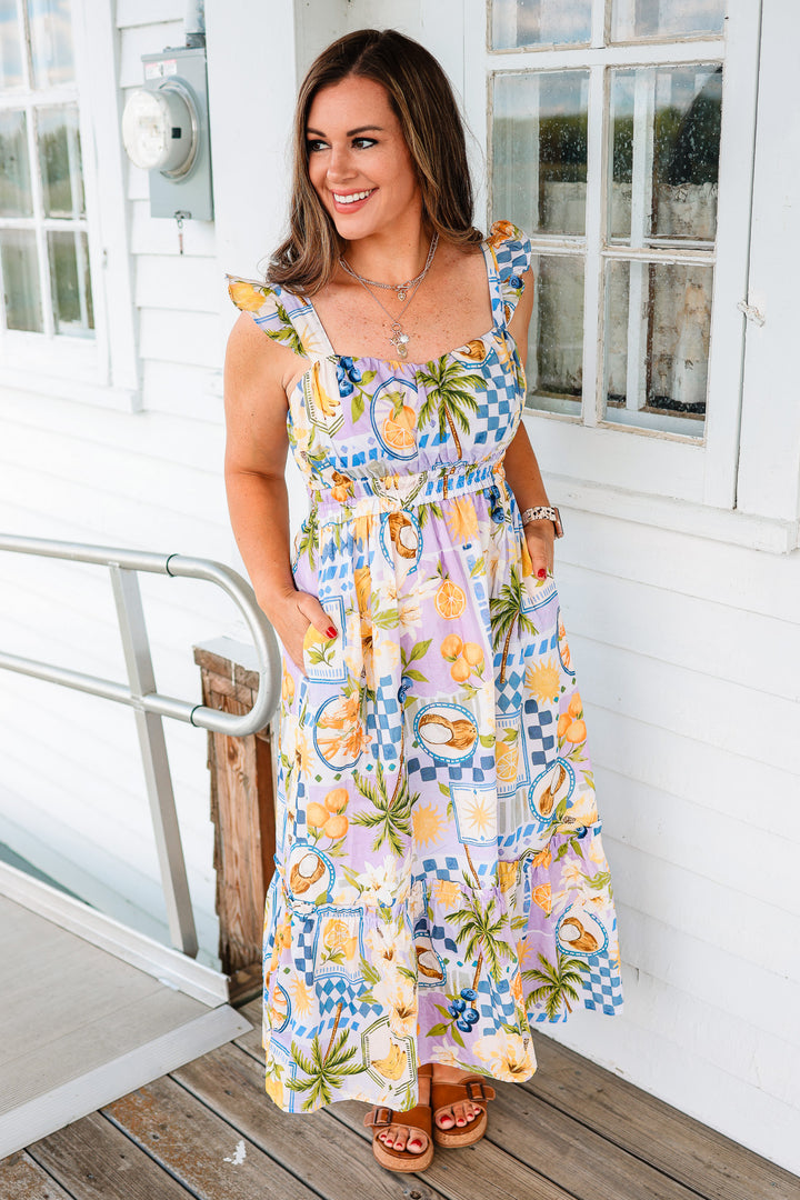 Tropical Ruffle Sleeve Midi Dress