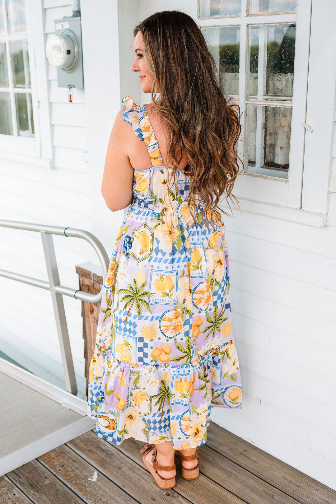 Tropical Ruffle Sleeve Midi Dress