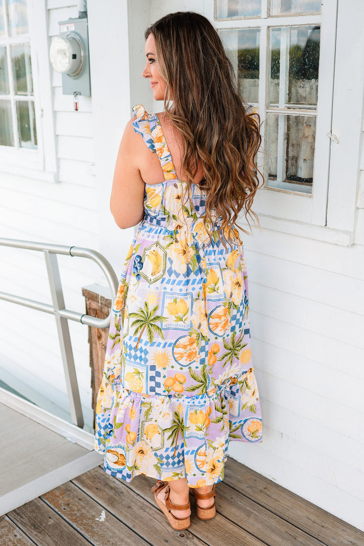 Tropical Ruffle Sleeve Midi Dress