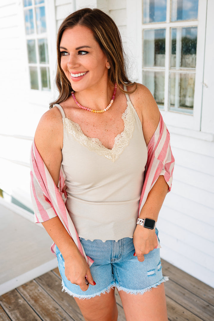 Naomi Lace Detail V Neck Cami - Stone