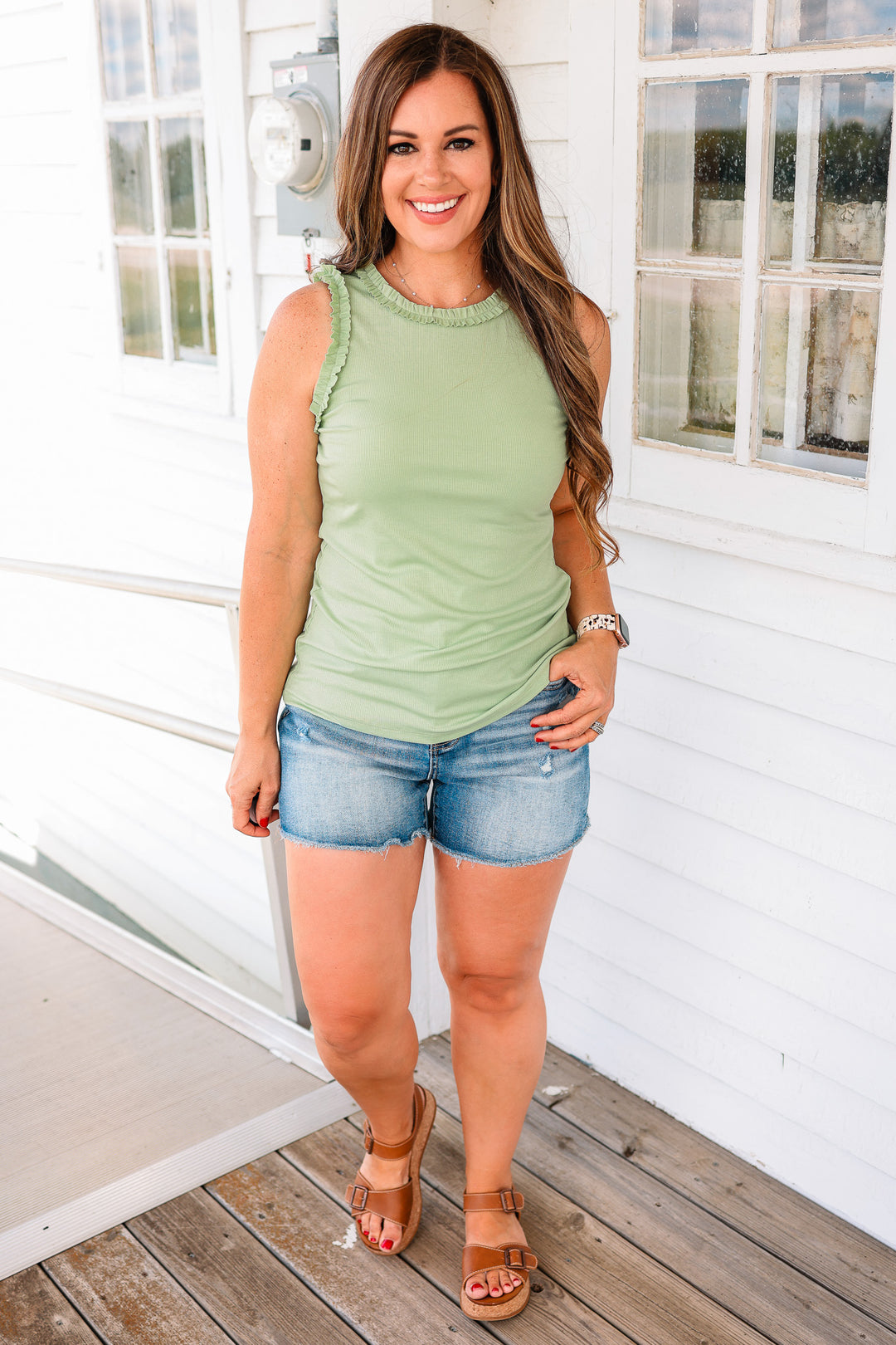 Veda Ruffle Trim Tank - Light Sage