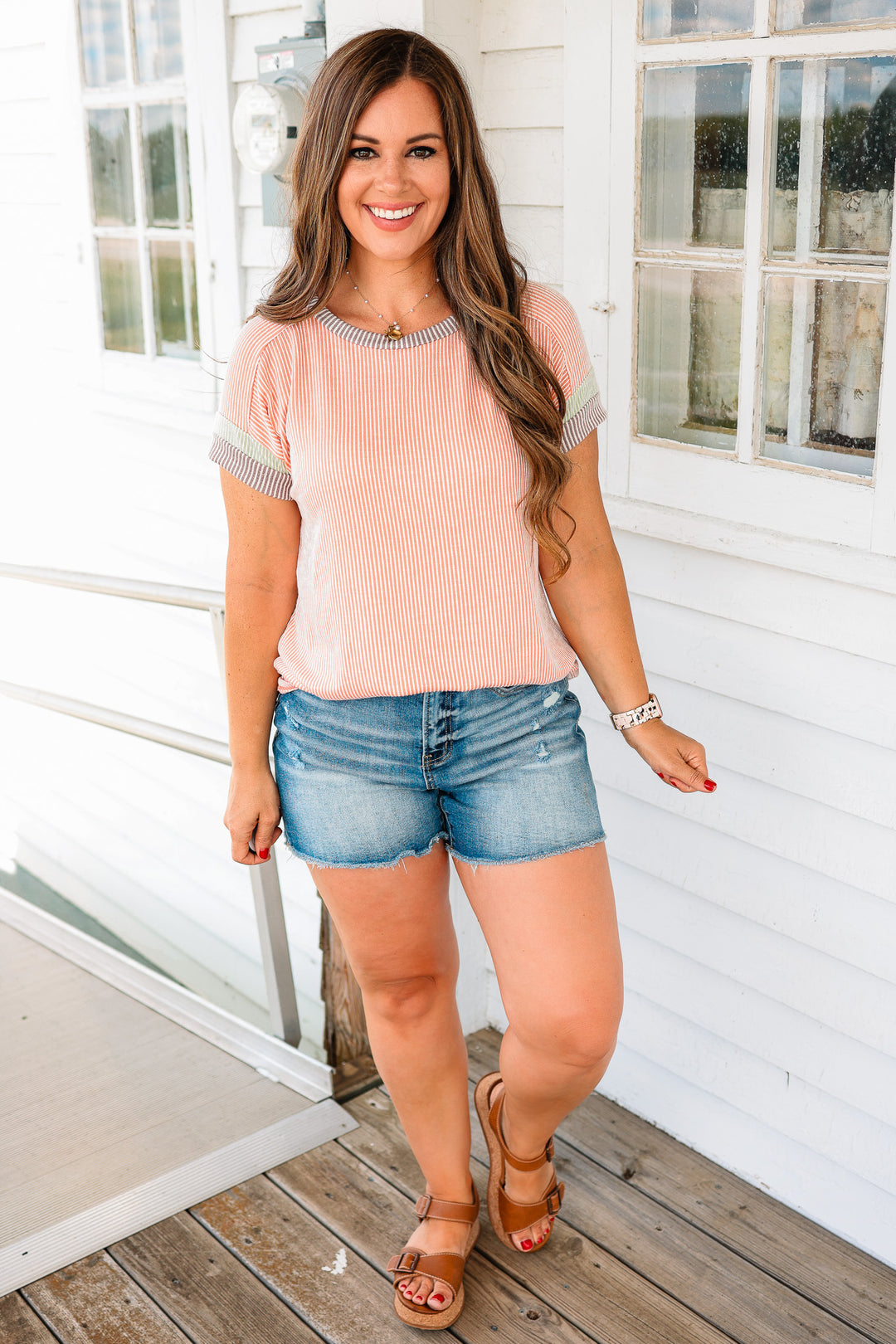 Rib Color Black Short Sleeve Top - Coral