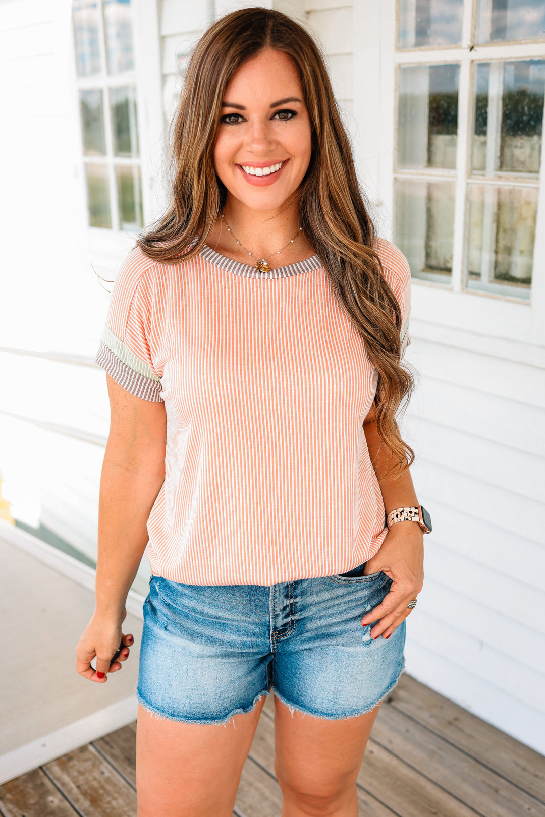 Rib Color Black Short Sleeve Top - Coral