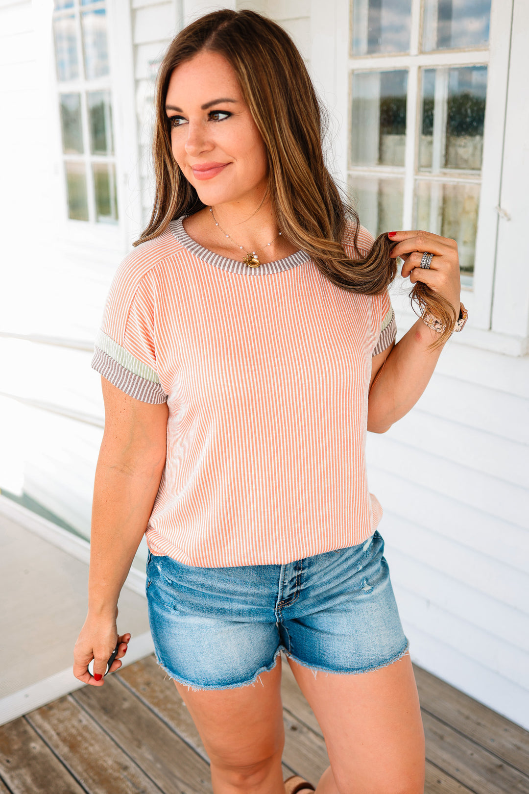 Rib Color Black Short Sleeve Top - Coral