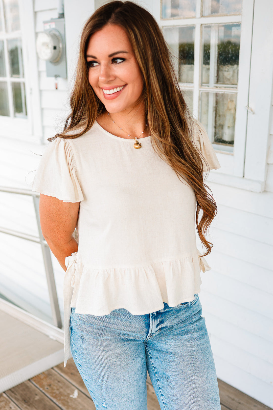 Della Flutter Sleeve Ribbon Tie Top - Natural
