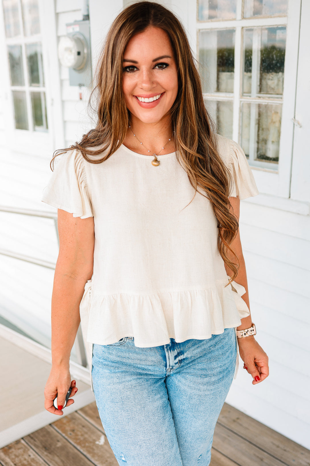 Della Flutter Sleeve Ribbon Tie Top - Natural