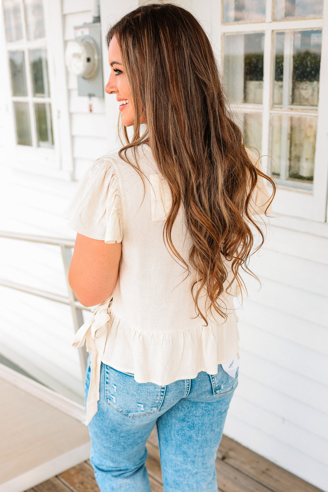 Della Flutter Sleeve Ribbon Tie Top - Natural