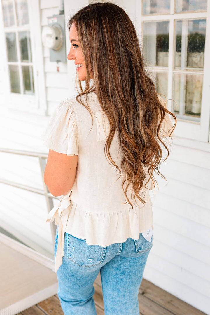 Della Flutter Sleeve Ribbon Tie Top - Natural