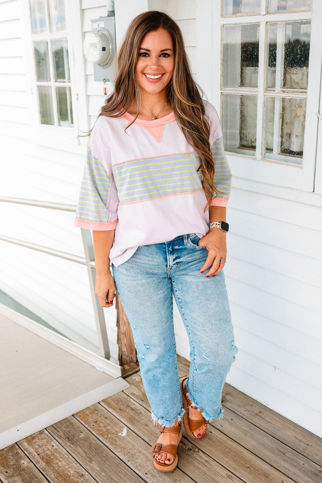 Delilah Stripe Patch Washed Top - Lavender