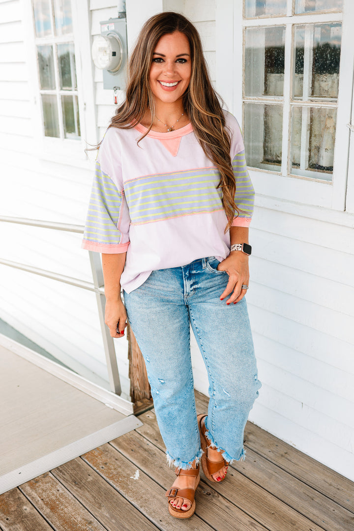 Delilah Stripe Patch Washed Top - Lavender