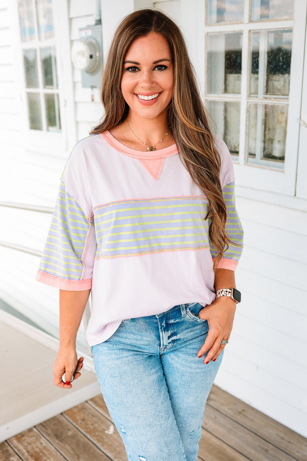 Delilah Stripe Patch Washed Top - Lavender