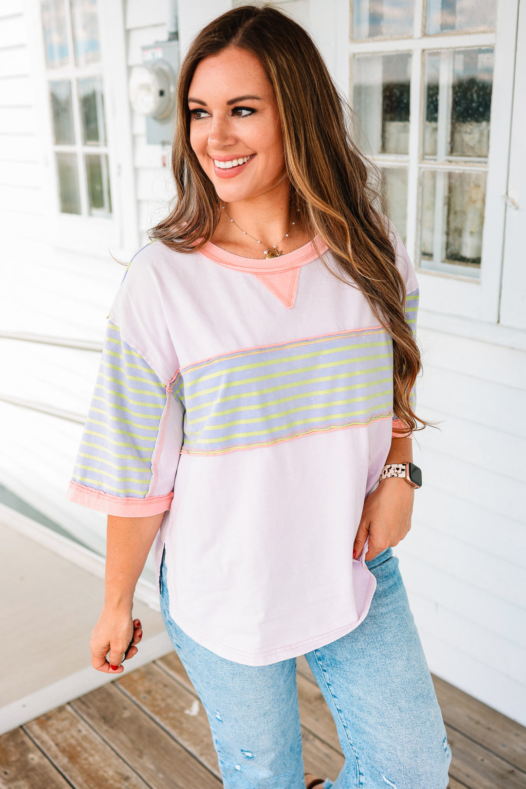 Delilah Stripe Patch Washed Top - Lavender