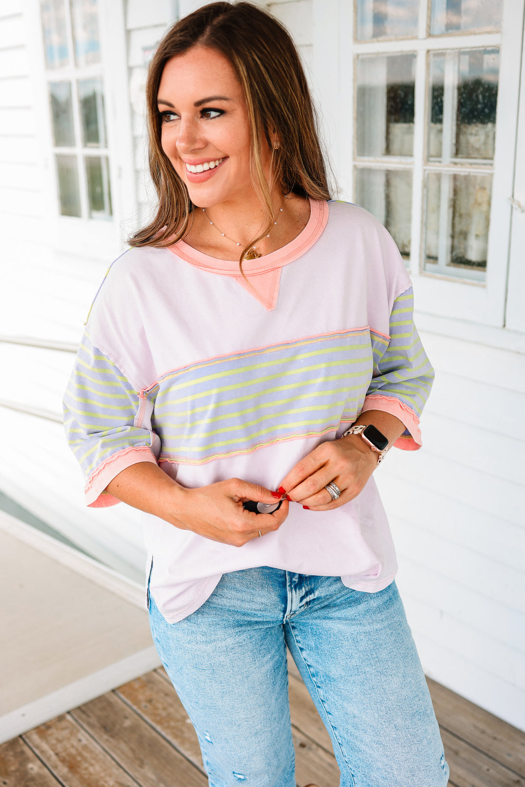 Delilah Stripe Patch Washed Top - Lavender