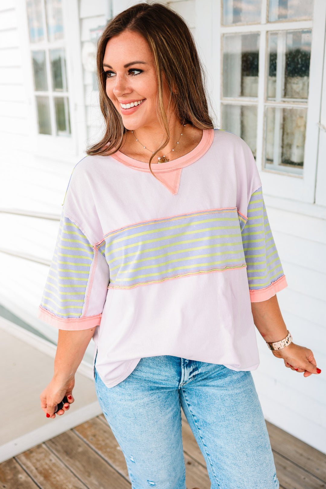 Delilah Stripe Patch Washed Top - Lavender