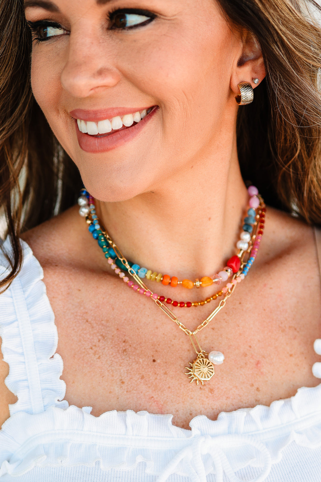 Sun and Pearl Charms  Layered Beaded Necklace - Multi Colored