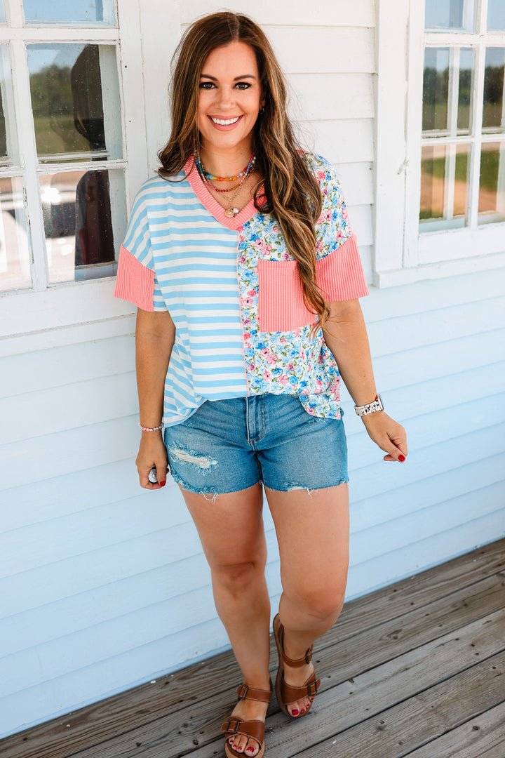 Mylie Floral and Stripe Colorblock Top
