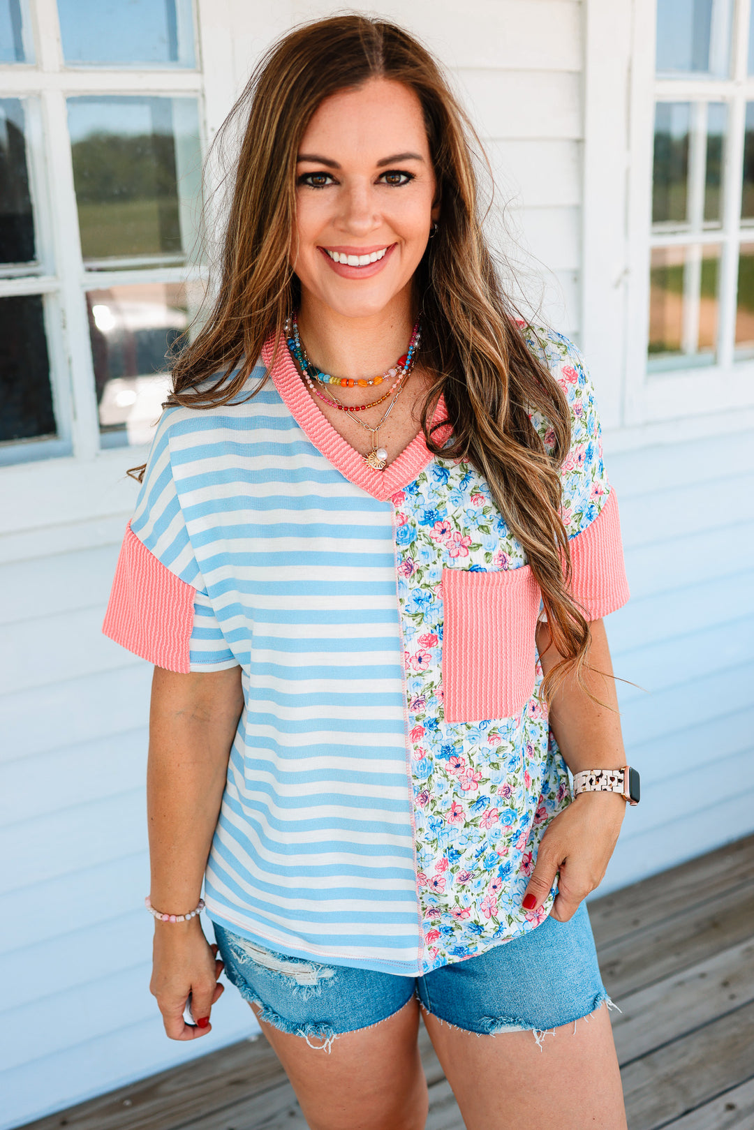 Mylie Floral and Stripe Colorblock Top