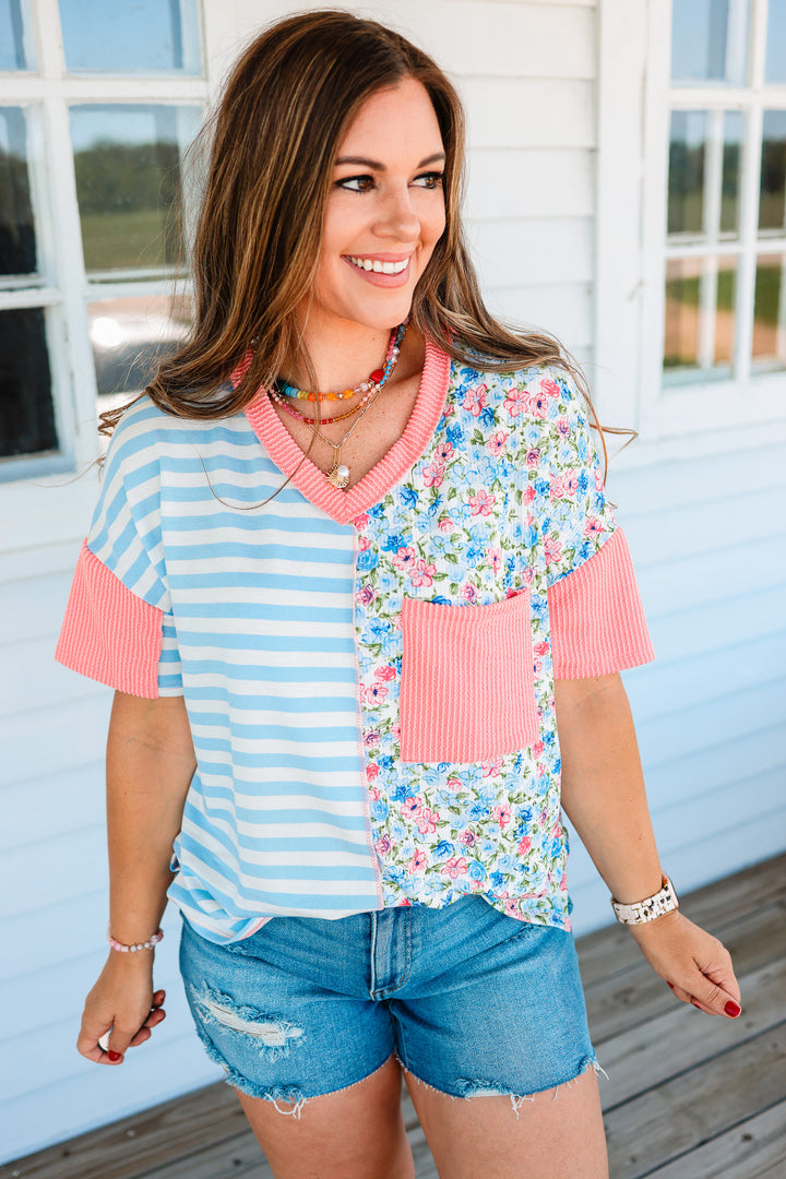 Mylie Floral and Stripe Colorblock Top