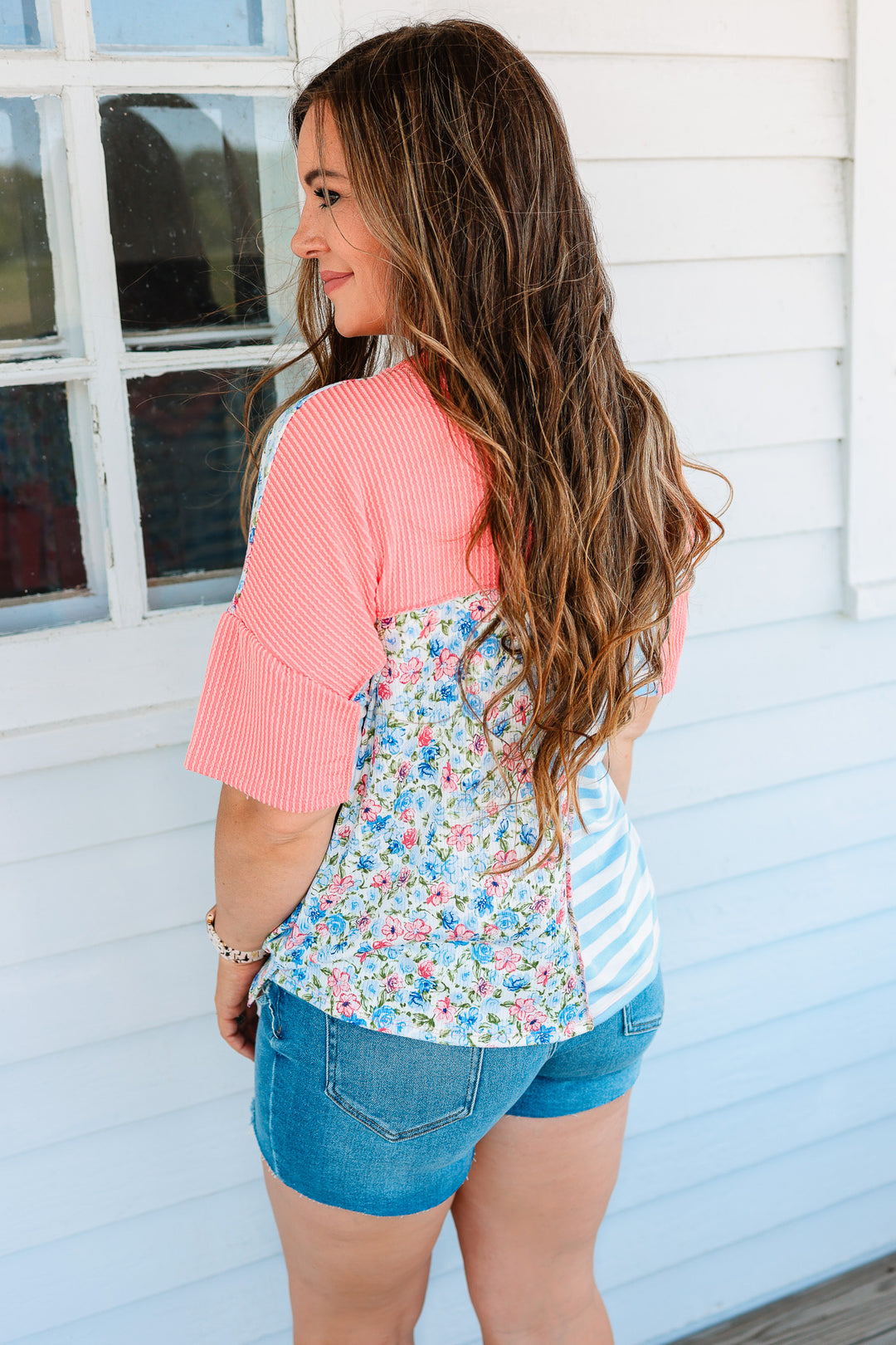 Mylie Floral and Stripe Colorblock Top