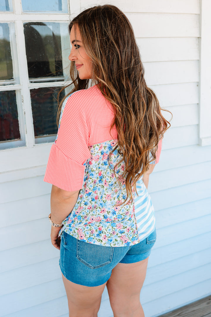 Mylie Floral and Stripe Colorblock Top