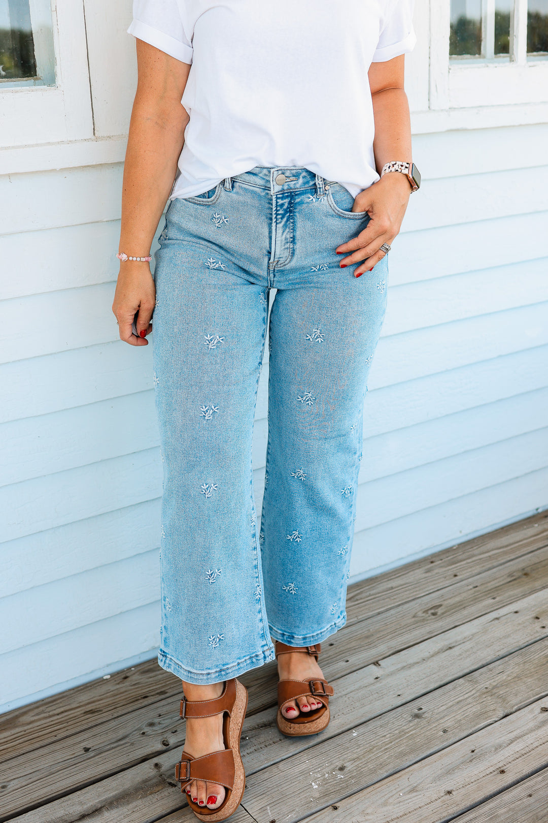 RISEN: Jade High Rise Crop Embroidered Jeans