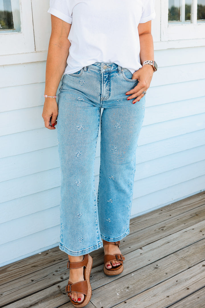 RISEN: Jade High Rise Crop Embroidered Jeans