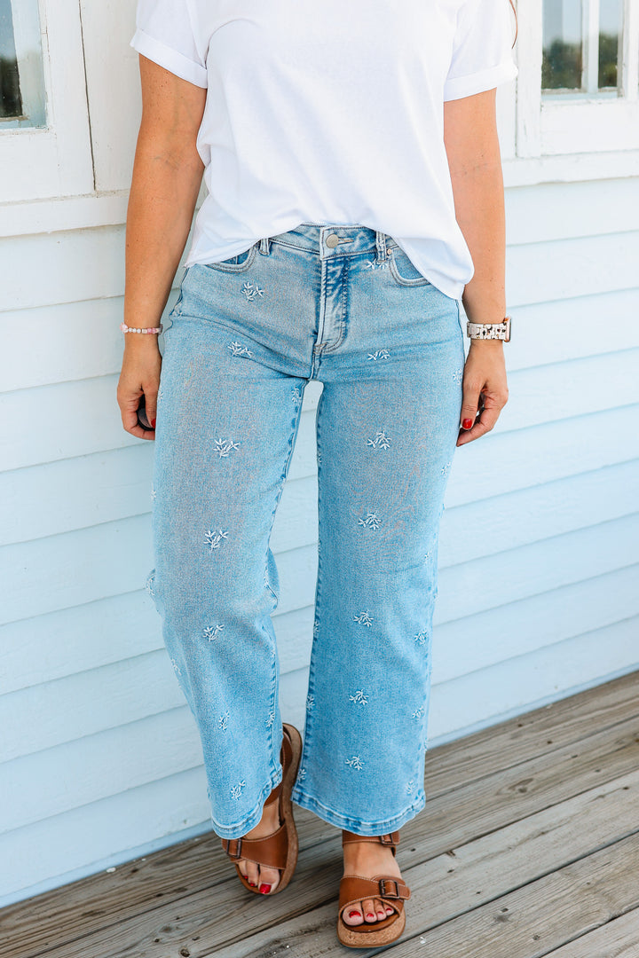 RISEN: Jade High Rise Crop Embroidered Jeans
