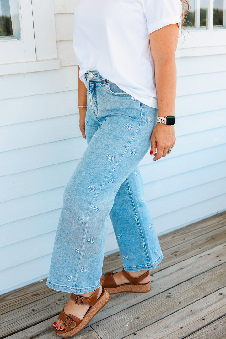 RISEN: Jade High Rise Crop Embroidered Jeans