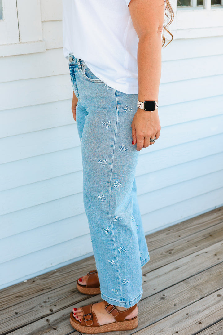 RISEN: Jade High Rise Crop Embroidered Jeans