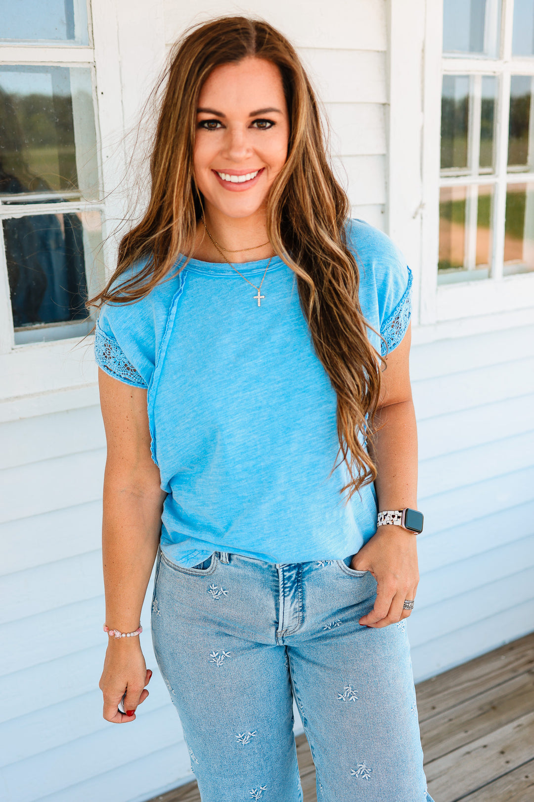 Cassidy Crochet Sleeve Washed Top - Blue