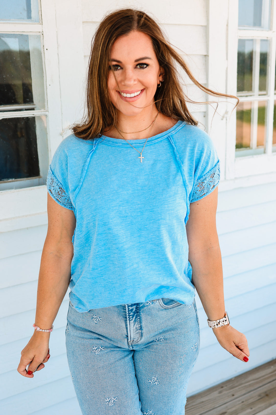 Cassidy Crochet Sleeve Washed Top - Blue
