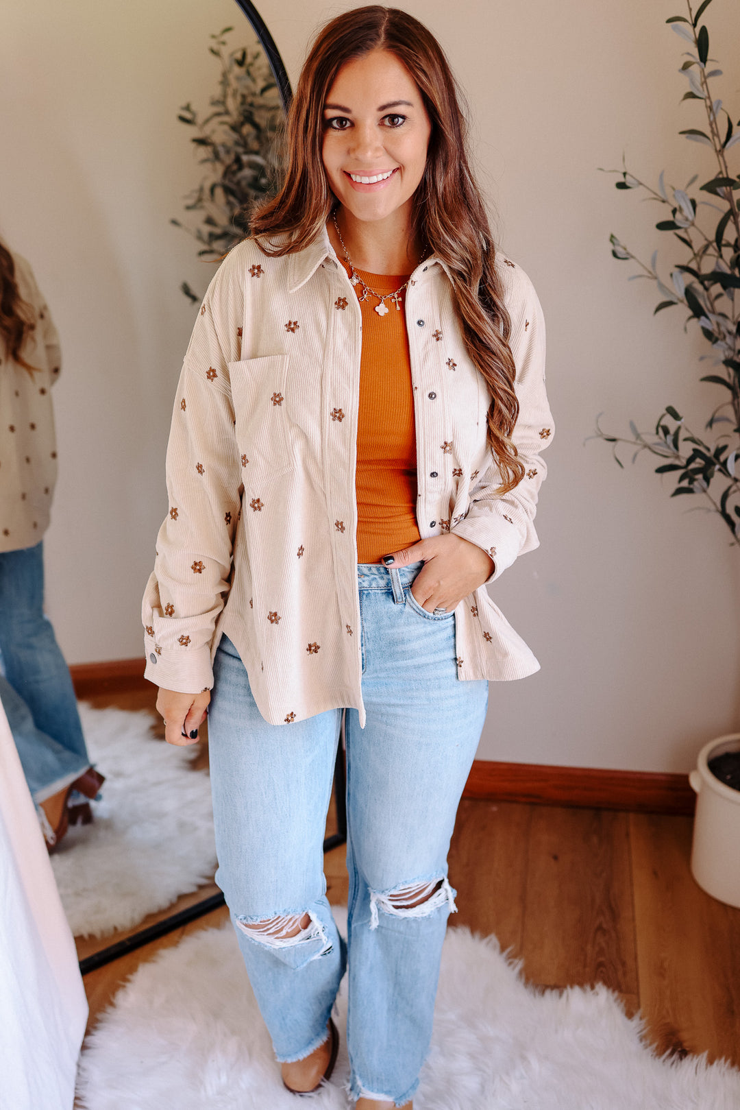 Blaire Floral Embroidered Corduroy Shirt - Ecru