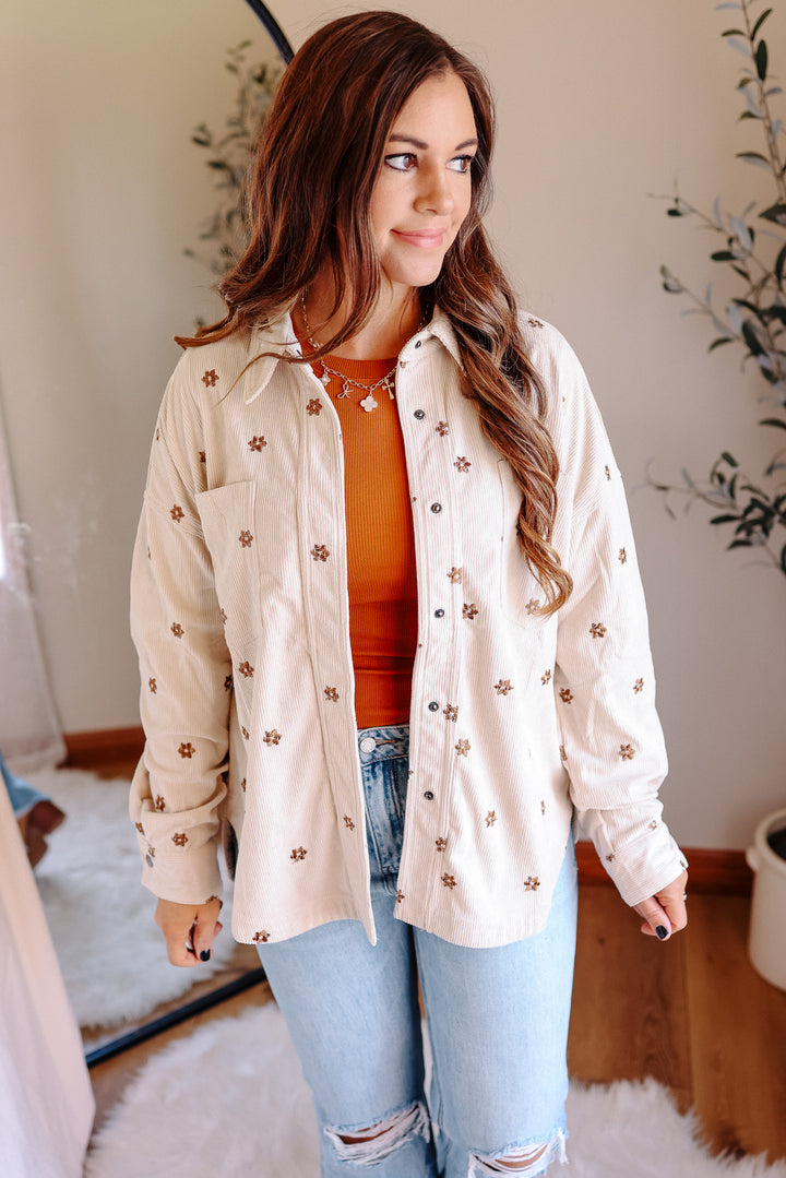 Blaire Floral Embroidered Corduroy Shirt - Ecru