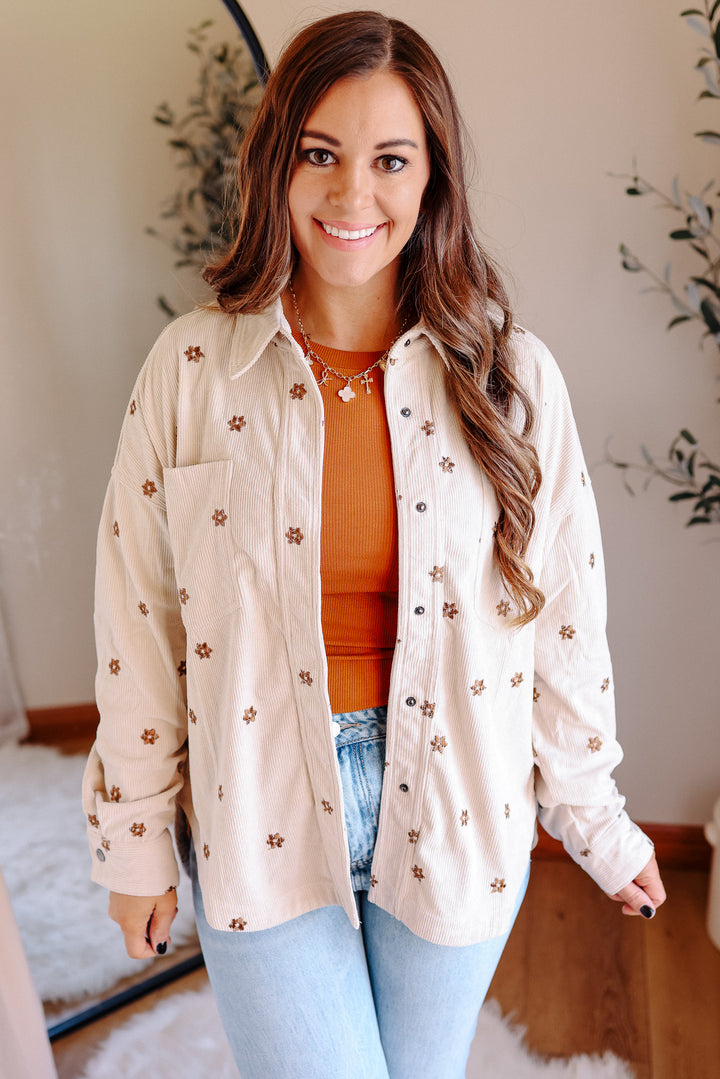 Blaire Floral Embroidered Corduroy Shirt - Ecru