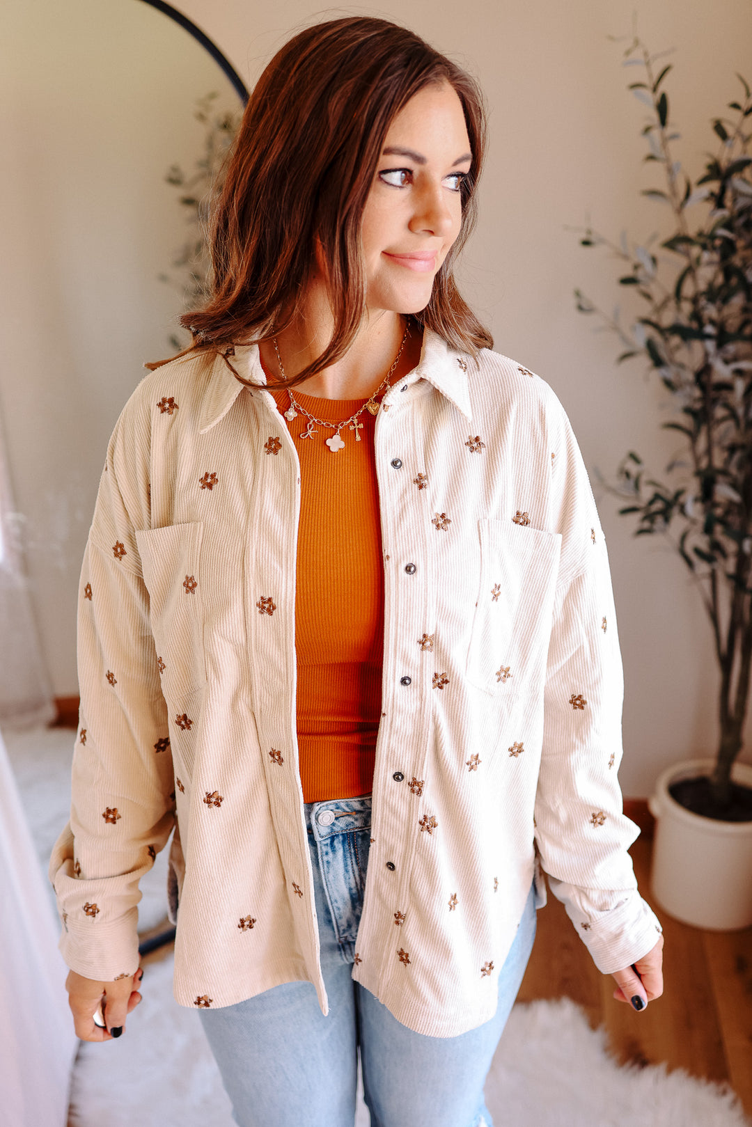 Blaire Floral Embroidered Corduroy Shirt - Ecru