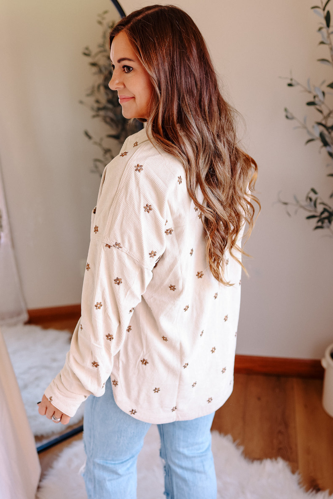 Blaire Floral Embroidered Corduroy Shirt - Ecru