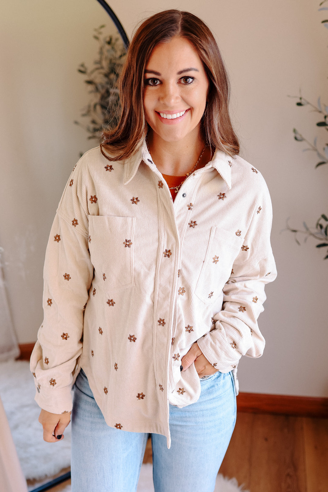 Blaire Floral Embroidered Corduroy Shirt - Ecru