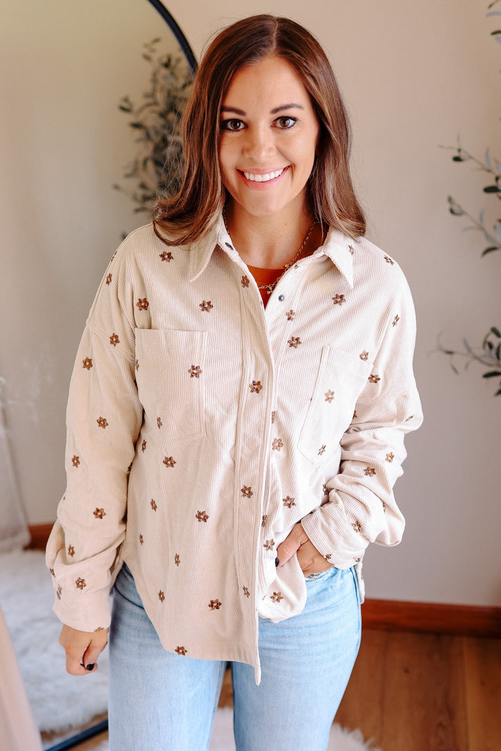 Blaire Floral Embroidered Corduroy Shirt - Ecru