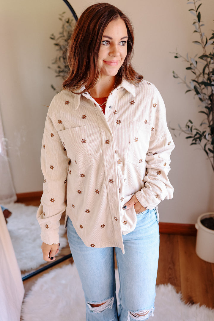 Blaire Floral Embroidered Corduroy Shirt - Ecru