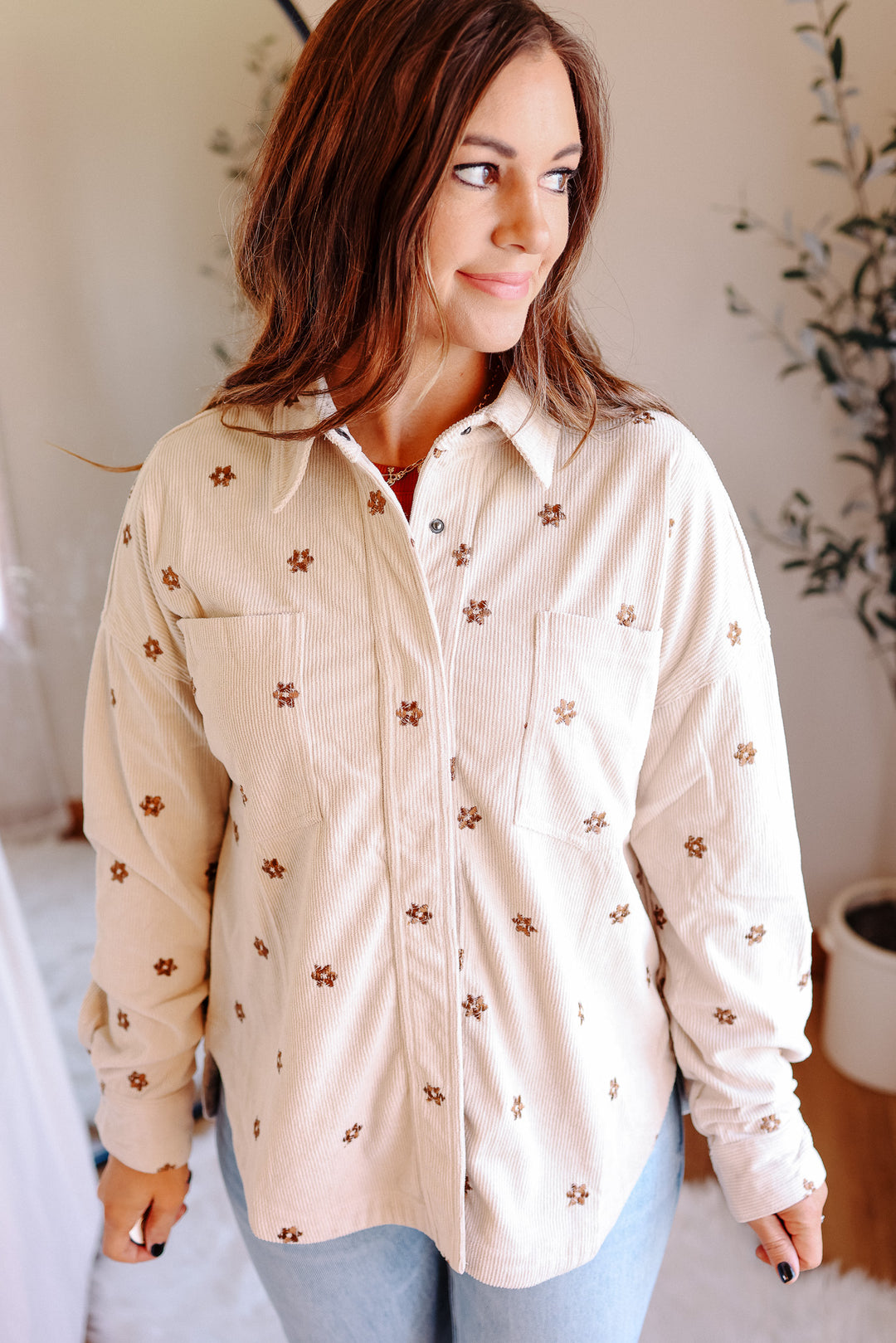 Blaire Floral Embroidered Corduroy Shirt - Ecru