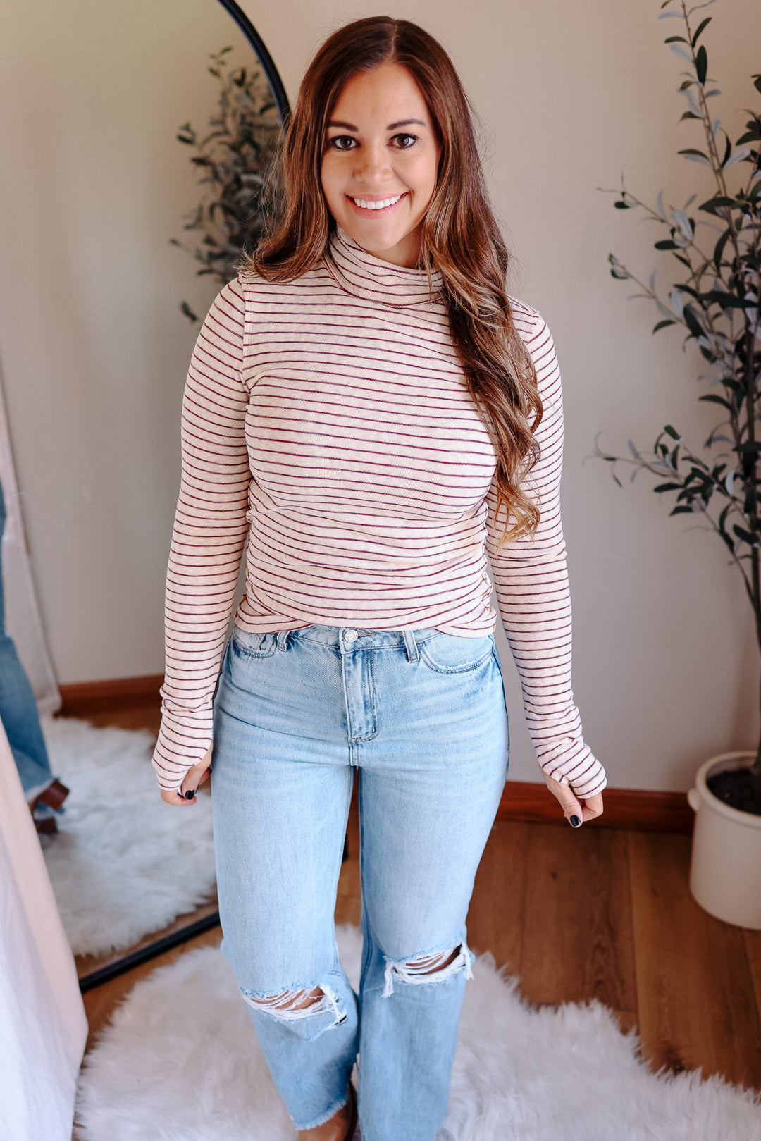 Talia Stripe Turtleneck Long Sleeve - Burgundy