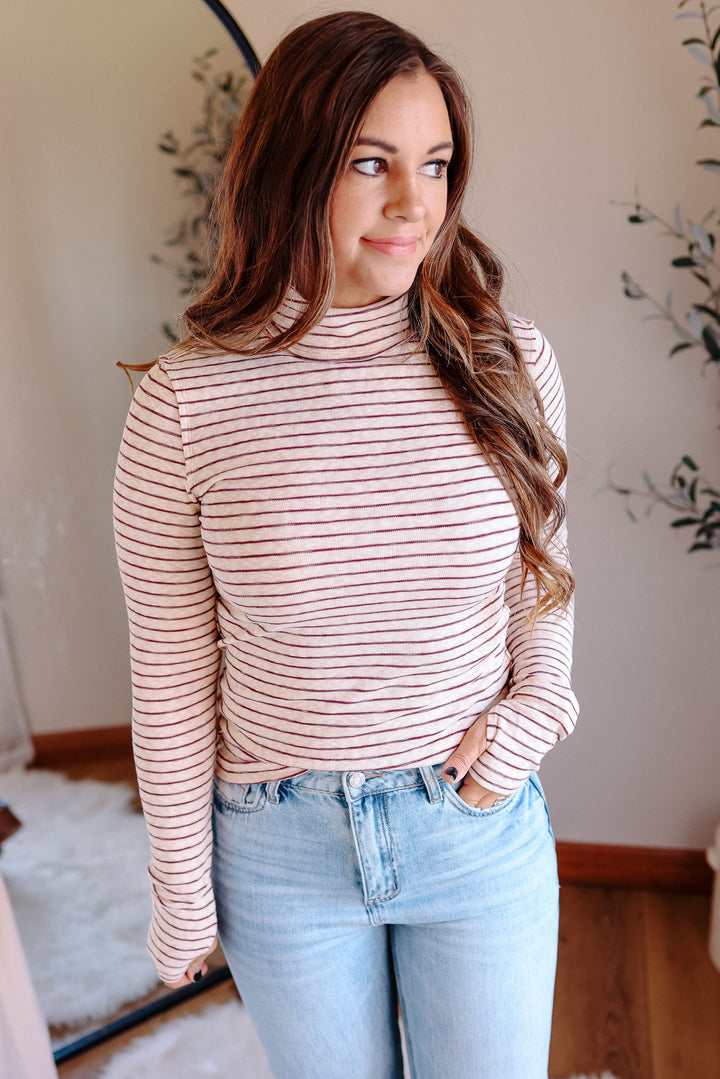 Talia Stripe Turtleneck Long Sleeve - Burgundy