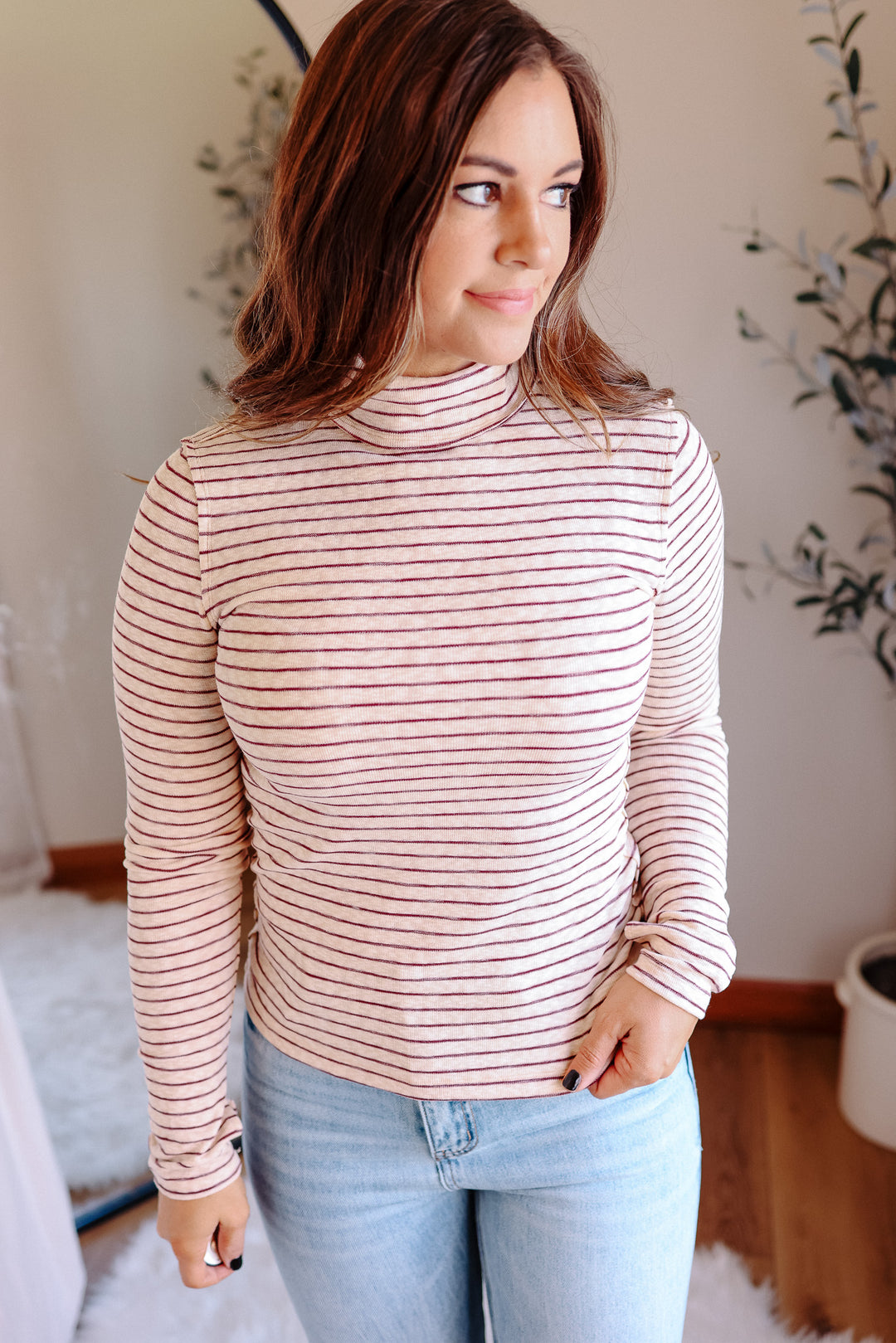 Talia Stripe Turtleneck Long Sleeve - Burgundy