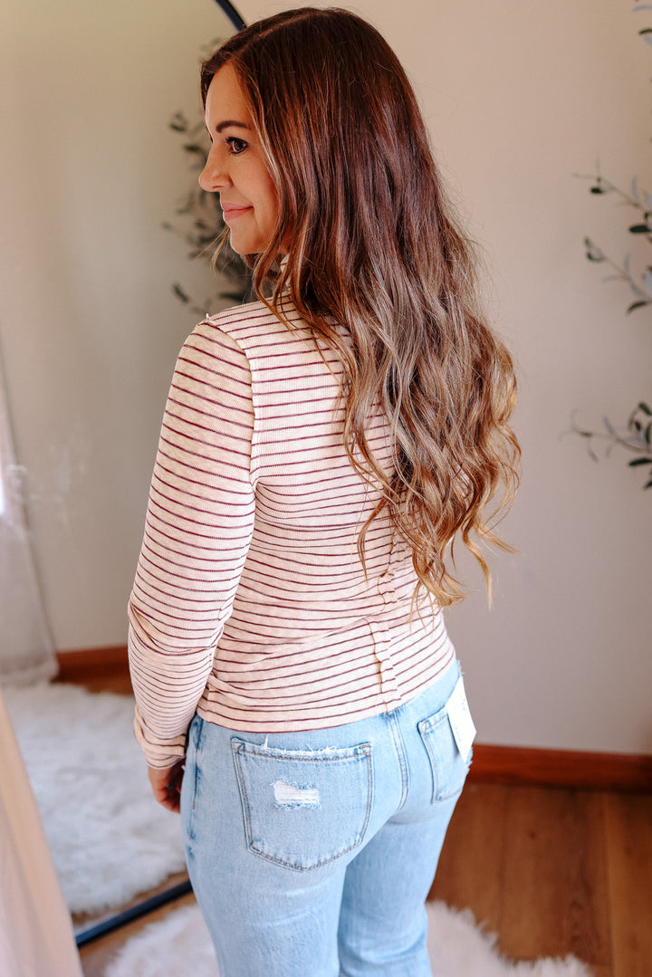 Talia Stripe Turtleneck Long Sleeve - Burgundy